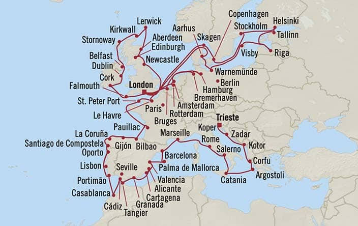 Itinerary Map for Oceania Cruises Marina Voyage ID MNA270417E