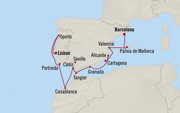 Itinerary Map for Oceania Cruises Marina Voyage ID MNA270428