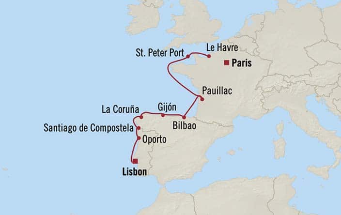 Itinerary Map for Oceania Cruises Marina Voyage ID MNA270510