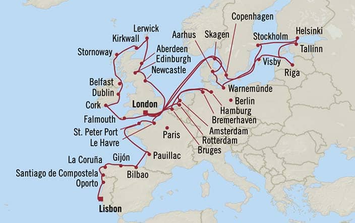 Itinerary Map for Oceania Cruises Marina Voyage ID MNA270510C