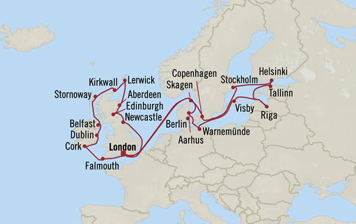 Itinerary Map for Oceania Cruises Marina Voyage ID MNA270527A