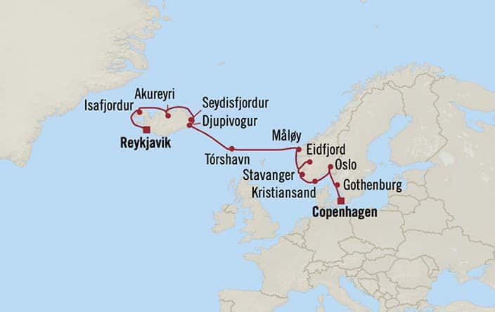 Itinerary Map for Oceania Cruises Marina Voyage ID MNA270726