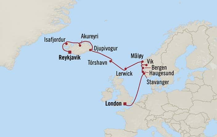 Itinerary Map for Oceania Cruises Marina Voyage ID MNA270819