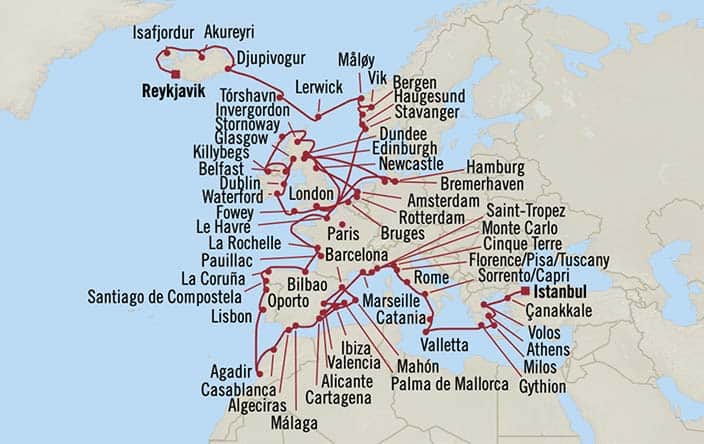Itinerary Map for Oceania Cruises Marina Voyage ID MNA270819F