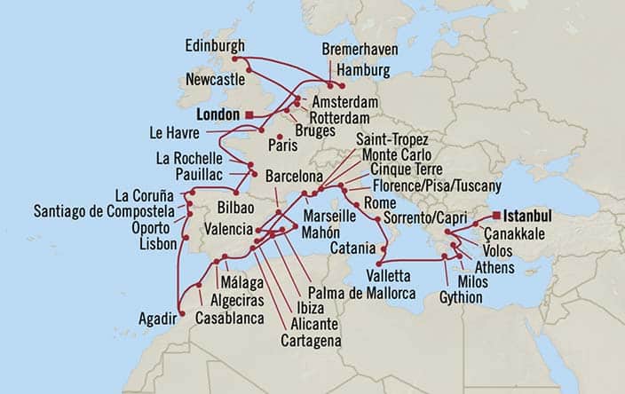 Itinerary Map for Oceania Cruises Marina Voyage ID MNA270911D