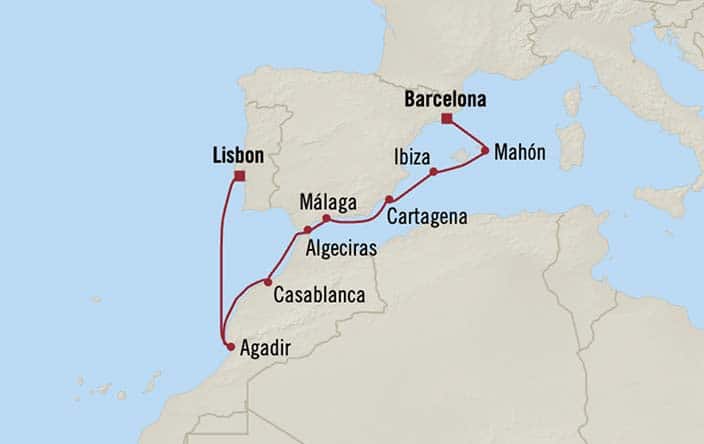 Itinerary Map for Oceania Cruises Marina Voyage ID MNA270929