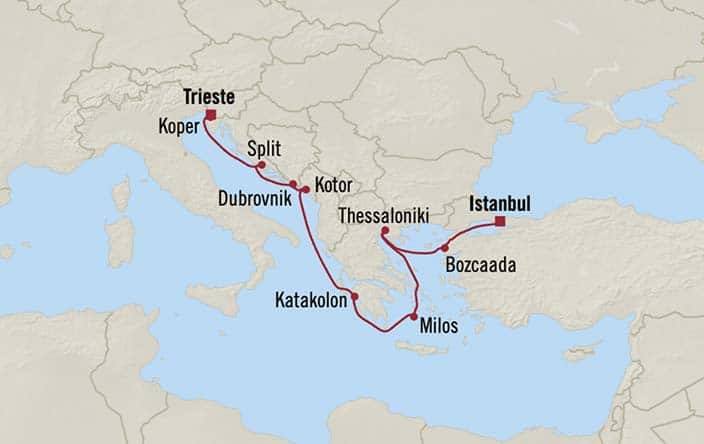 Itinerary Map for Oceania Cruises Marina Voyage ID MNA271028