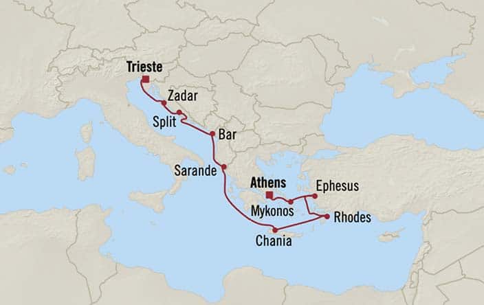 Itinerary Map for Oceania Cruises Marina Voyage ID MNA271107