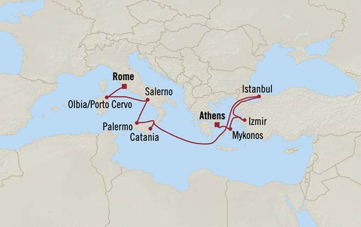 Itinerary Map for Oceania Cruises Marina Voyage ID MNA271117