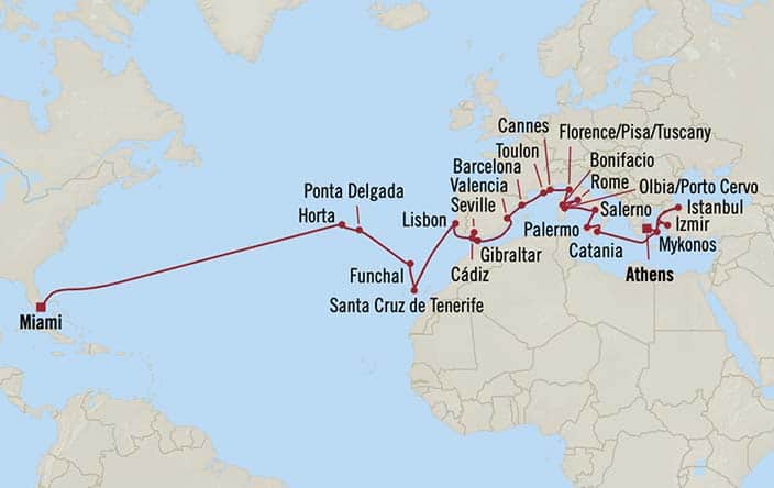 Itinerary Map for Oceania Cruises Marina Voyage ID MNA271117