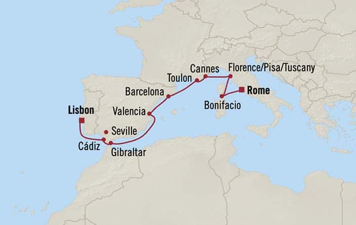 Itinerary Map for Oceania Cruises Marina Voyage ID MNA271127