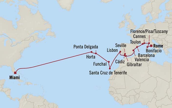 Itinerary Map for Oceania Cruises Marina Voyage ID MNA271127A