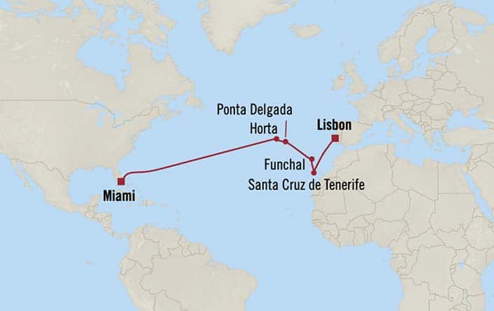 Itinerary Map for Oceania Cruises Marina Voyage ID MNA271207