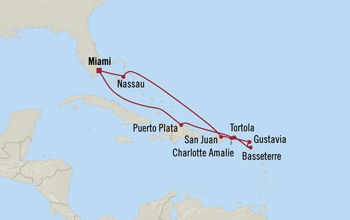 Itinerary Map for Oceania Cruises Marina Voyage ID MNA271227