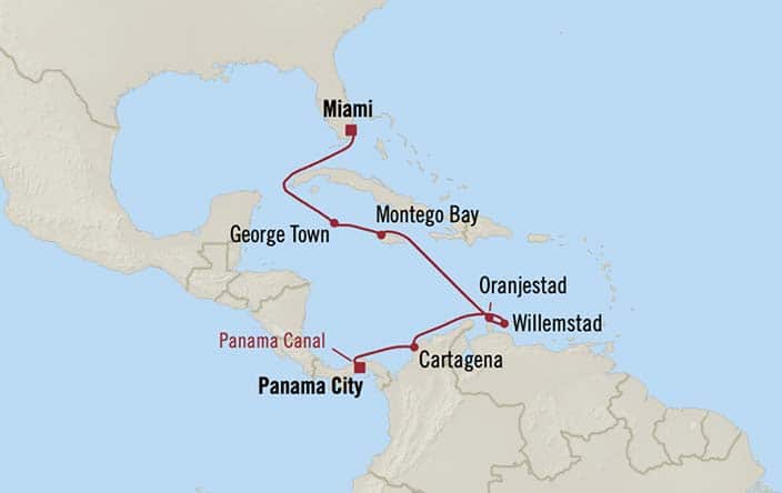 Itinerary Map for Oceania Cruises Marina Voyage ID MNA280116