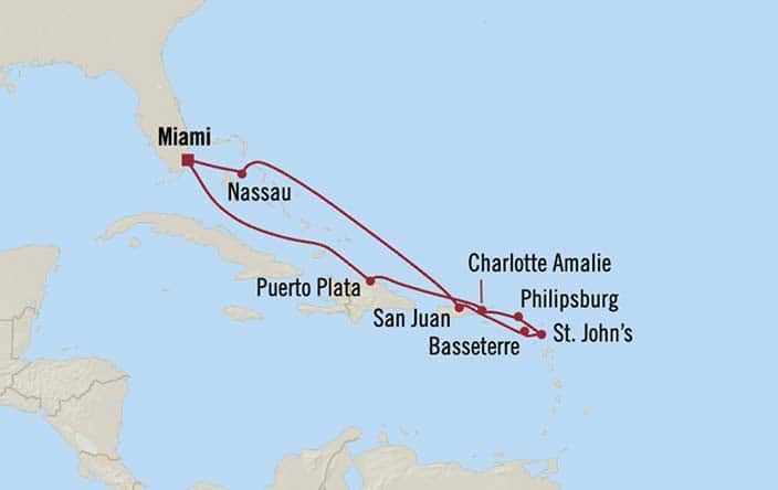 Itinerary Map for Oceania Cruises Marina Voyage ID MNA280207