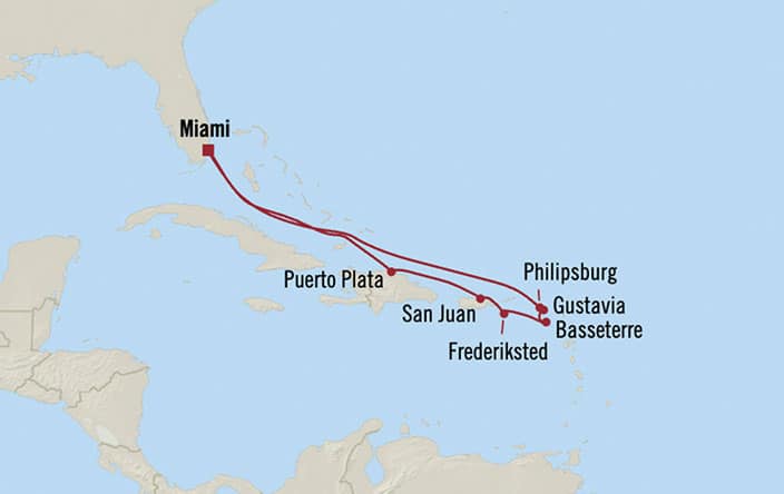 Itinerary Map for Oceania Cruises Marina Voyage ID MNA280217
