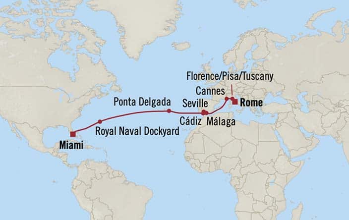Itinerary Map for Oceania Cruises Marina Voyage ID MNA280325