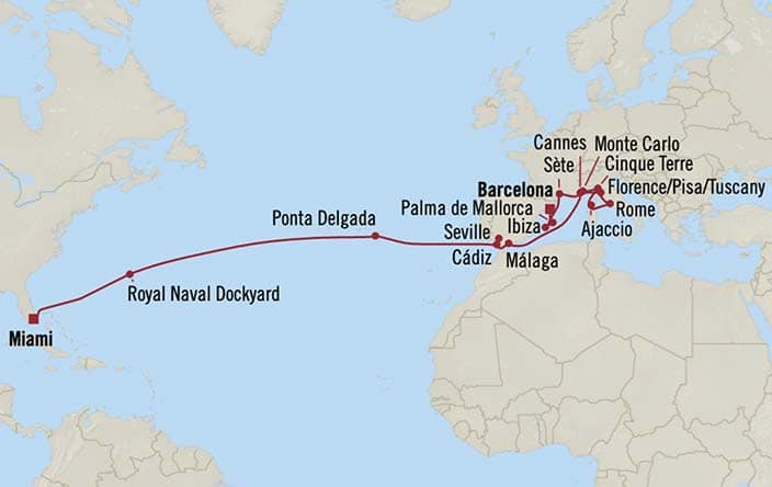 Itinerary Map for Oceania Cruises Marina Voyage ID MNA280325A