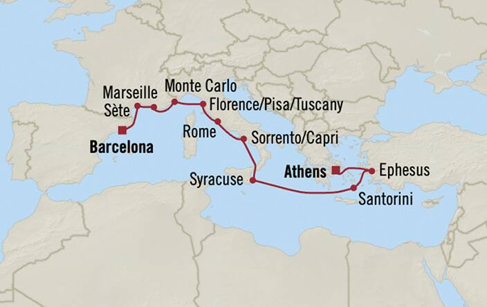 Itinerary Map for Oceania Cruises Marina Voyage ID MNA280417