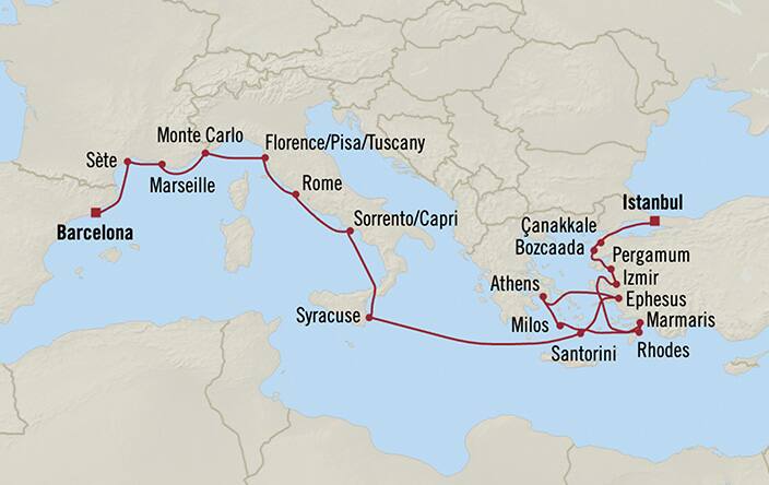 Itinerary Map for Oceania Cruises Marina Voyage ID MNA280417A