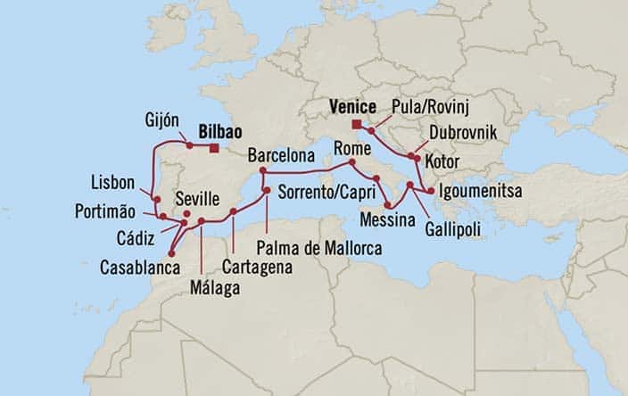 Itnerary Map for Oceania Cruises Nautica Voyage ID NAU260810A