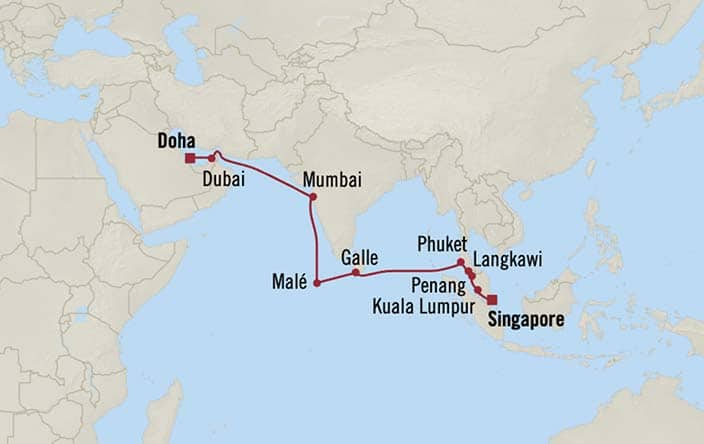 Itinerary Map for Oceania Cruises Nautica Voyage ID NAU261014