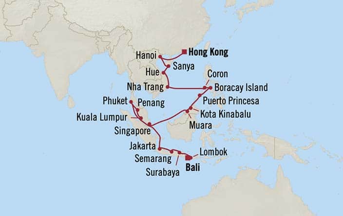 Itinerary Map for Oceania Cruises Nautica Voyage ID NAU261221A