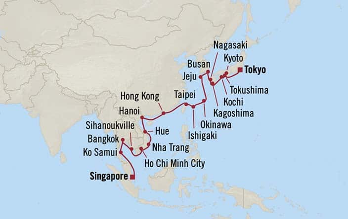 Itinerary Map for Oceania Cruises Nautica Voyage ID NAU270211A