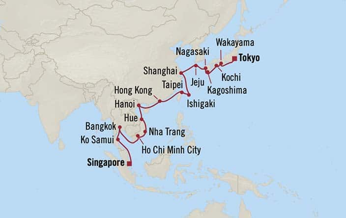 Itinerary Map for Oceania Cruises Nautica Voyage ID NAU270411A