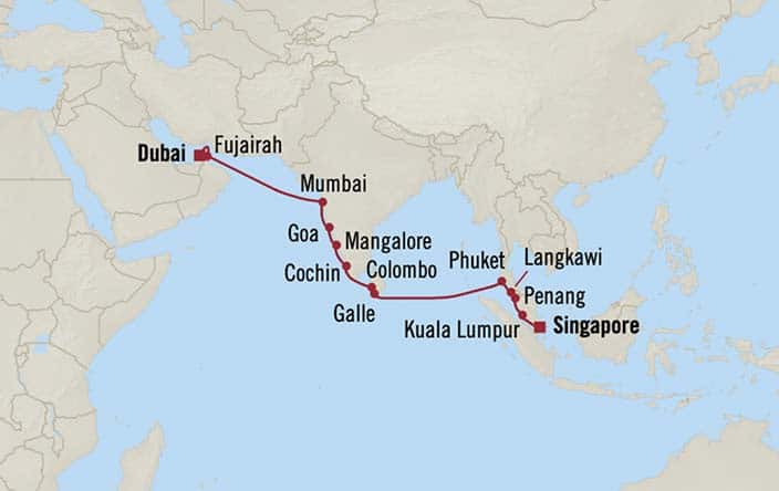 Itinerary Map for Oceania Cruises Nautica Voyage ID NAU270508