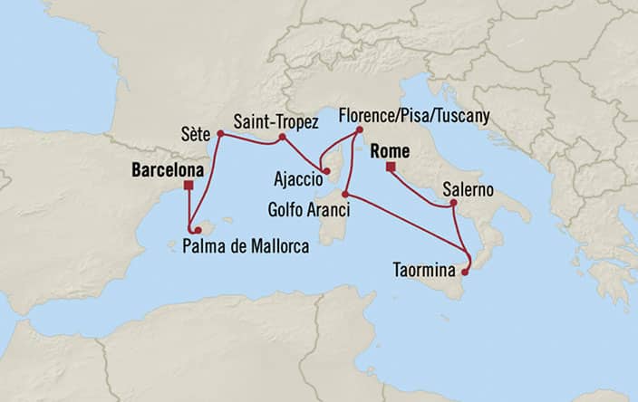Itinerary Map for Oceania Cruises Nautica Voyage ID NAU270627