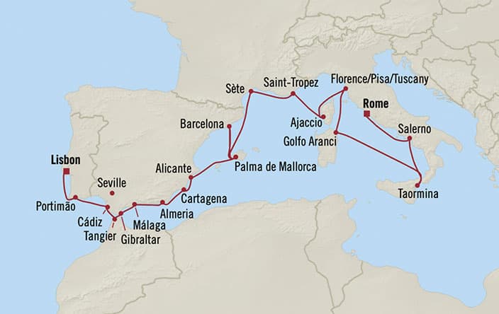 Itinerary Map for Oceania Cruises Nautica Voyage ID NAU270627A