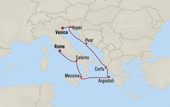 Itinerary Map for Oceania Cruises Nautica Voyage ID NAU270729