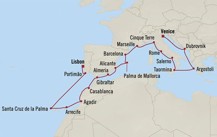 Itinerary Map for Oceania Cruises Nautica Voyage ID NAU270805A