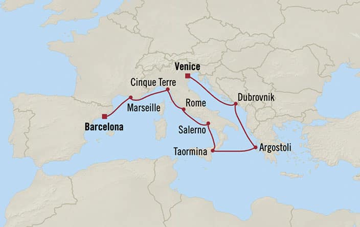 Itinerary Map for Oceania Cruises Nautica Voyage ID NAU270805