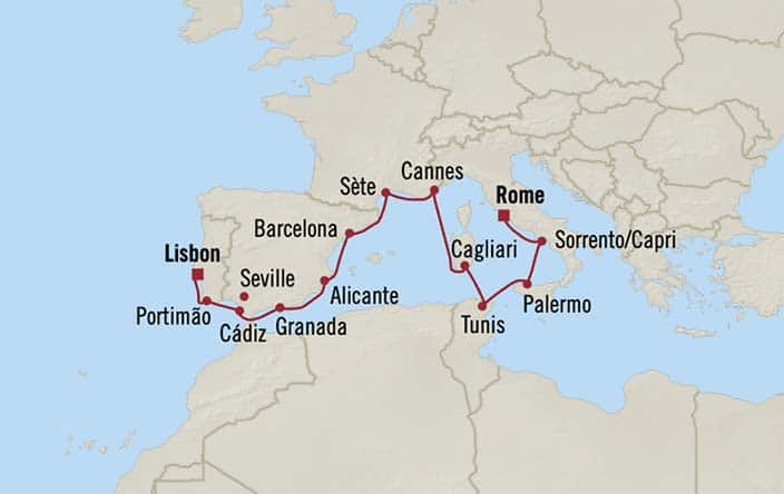 Itinerary Map for Oceania Cruises Nautica Voyage ID NAU270826