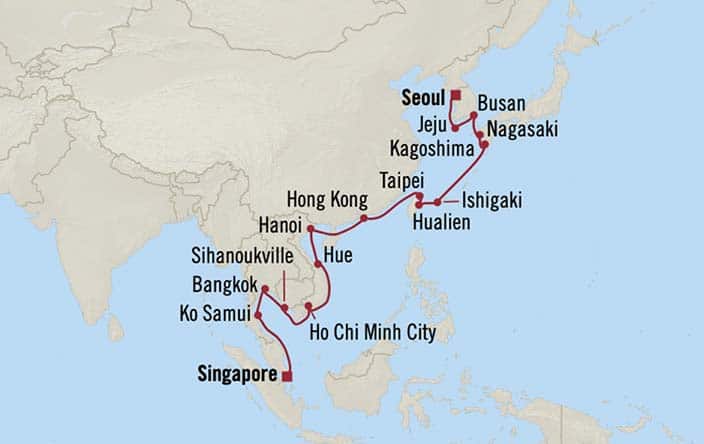 Itinerary Map for Oceania Cruises Regatta Voyage ID REG260125A