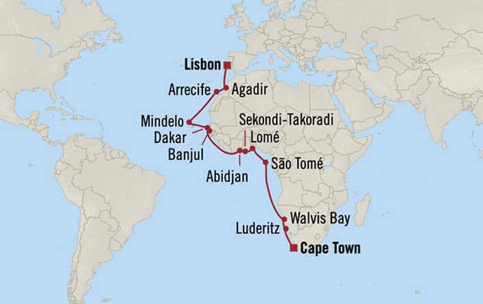 Itinerary Map for Oceania Cruises Regatta Voyage ID REG260531