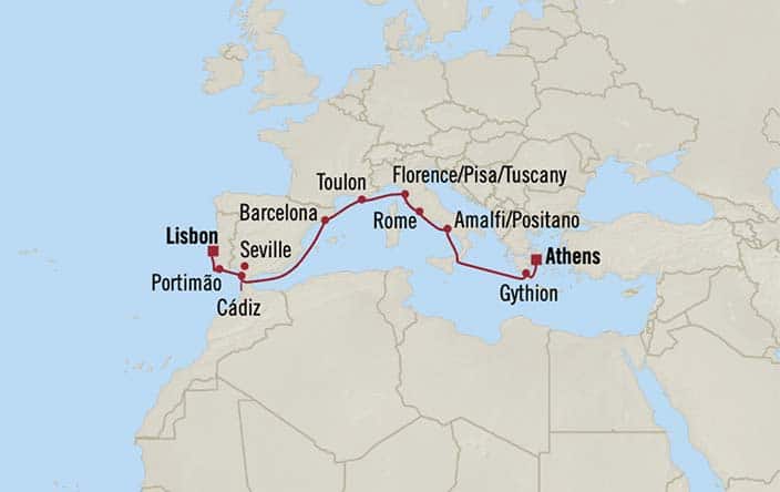 Itinerary Map for Oceania Cruises Regatta Voyage ID REG260624