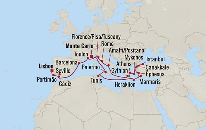 Itinerary Map for Oceania Cruises Regatta Voyage ID REG260624A