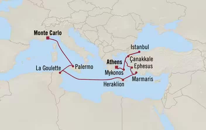 Itinerary Map for Oceania Cruises Regatta Voyage ID REG260705