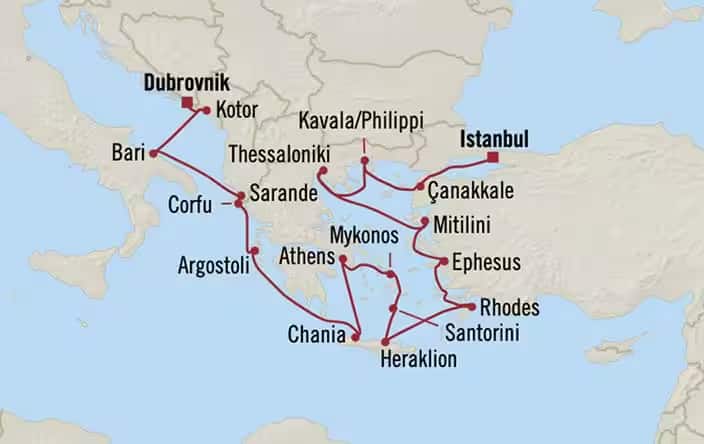 Itinerary Map for Oceania Cruises Regatta Voyage ID REG260731A