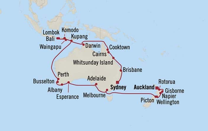 Itinerary Map for Oceania Riviera Cruises Voyage ID RVA261215A