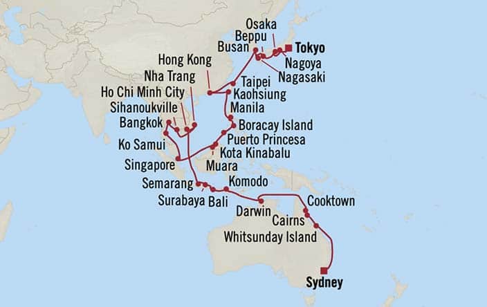 Itinerary Map for Oceania Riviera Cruises Voyage ID RVA270307C