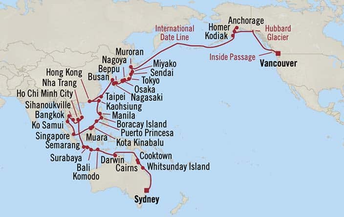 Itinerary Map for Oceania Riviera Cruises Voyage ID RVA270307D