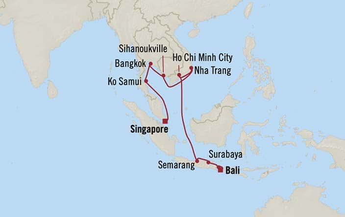 Itinerary Map for Oceania Riviera Cruises Voyage ID RVA270320