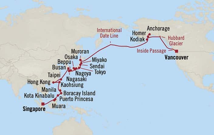 Itinerary Map for Oceania Riviera Cruises Voyage ID RVA270405B