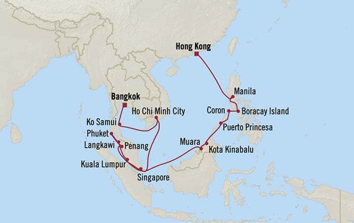 Itinerary Map for Oceania Riviera Cruises Voyage ID RVA280116A