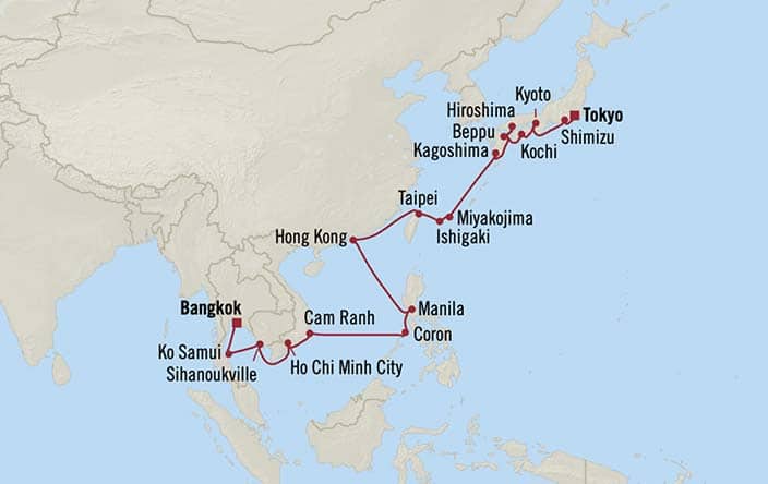 Itinerary Map for Oceania Riviera Cruises Voyage ID RVA280207A